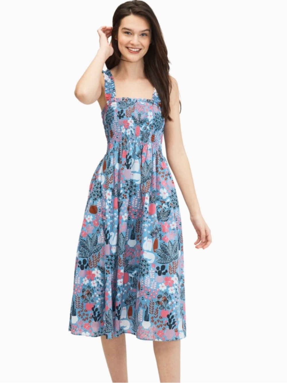 kate spade Blue Floral Smocked Midi Dress
